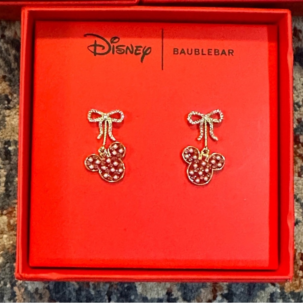 Disney X Baublebar Minnie Mouse Rhinestones Christmas Gold Bow Dangling Earrings